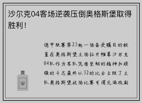 沙尔克04客场逆袭压倒奥格斯堡取得胜利！